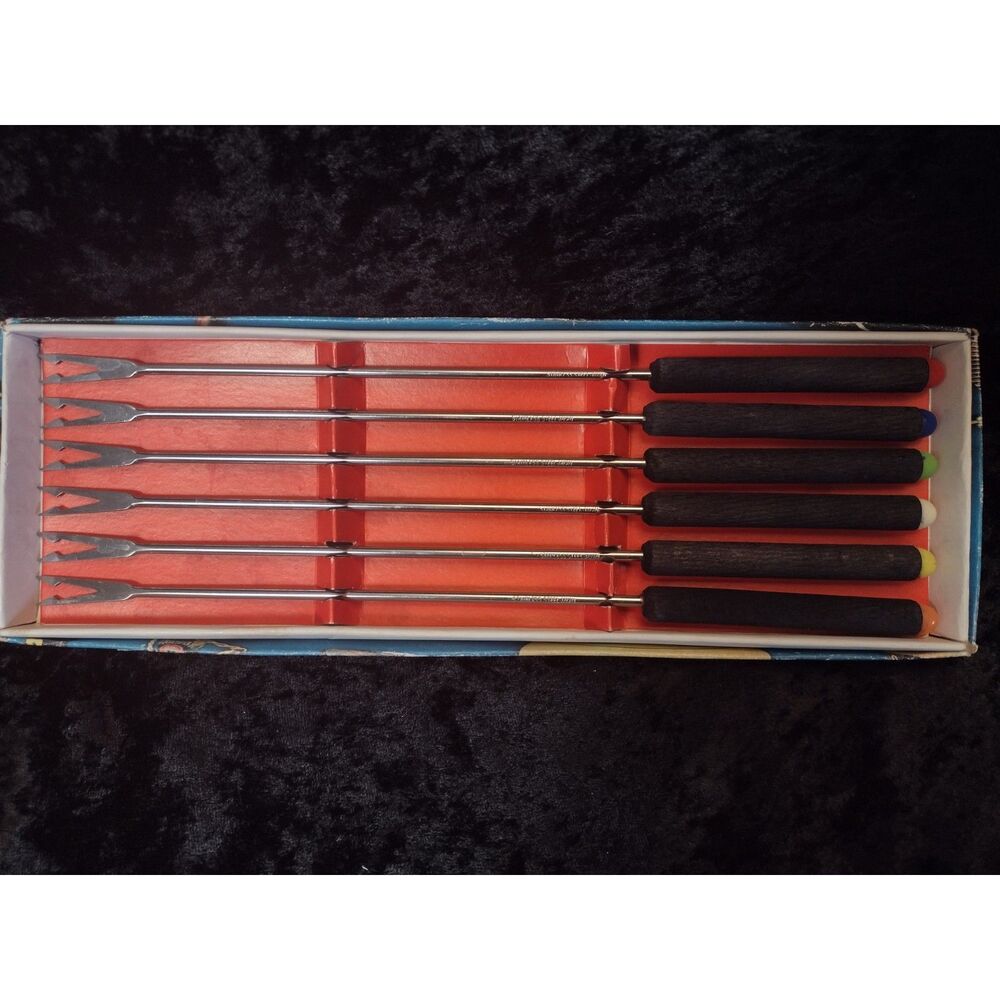 Vintage Set of 6 MCM Black Wood Handle Stainless Fondue Forks 1960s‎ 70s Japan